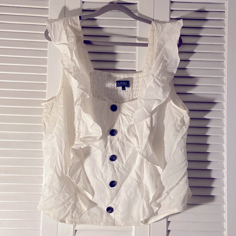 ELOQUII crop white sleeveless blouse with flutter sleeve detail 22